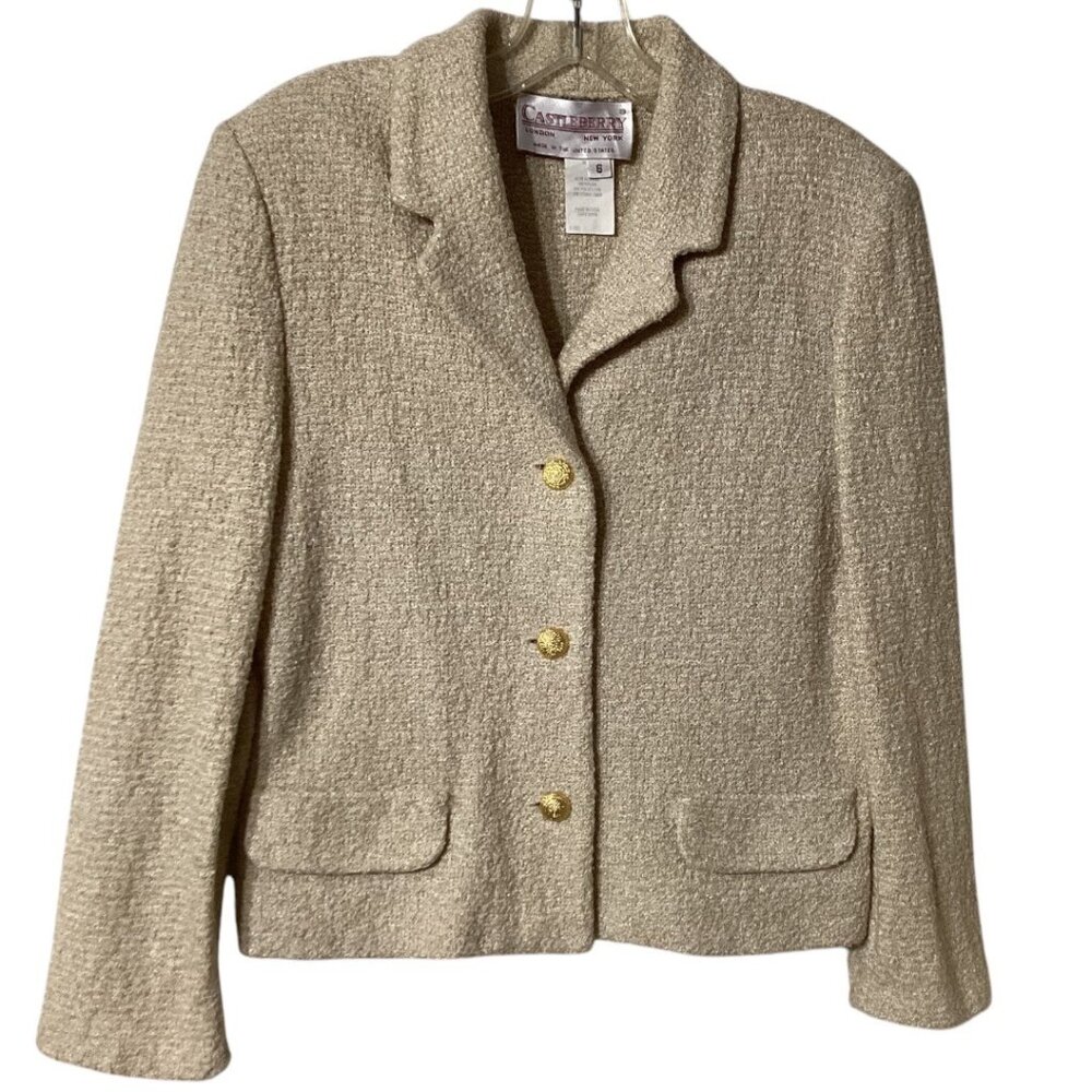 Vintage Castleberry Beige & Gold Metallic Textured Blazer‎ Lady Jacket Size 6